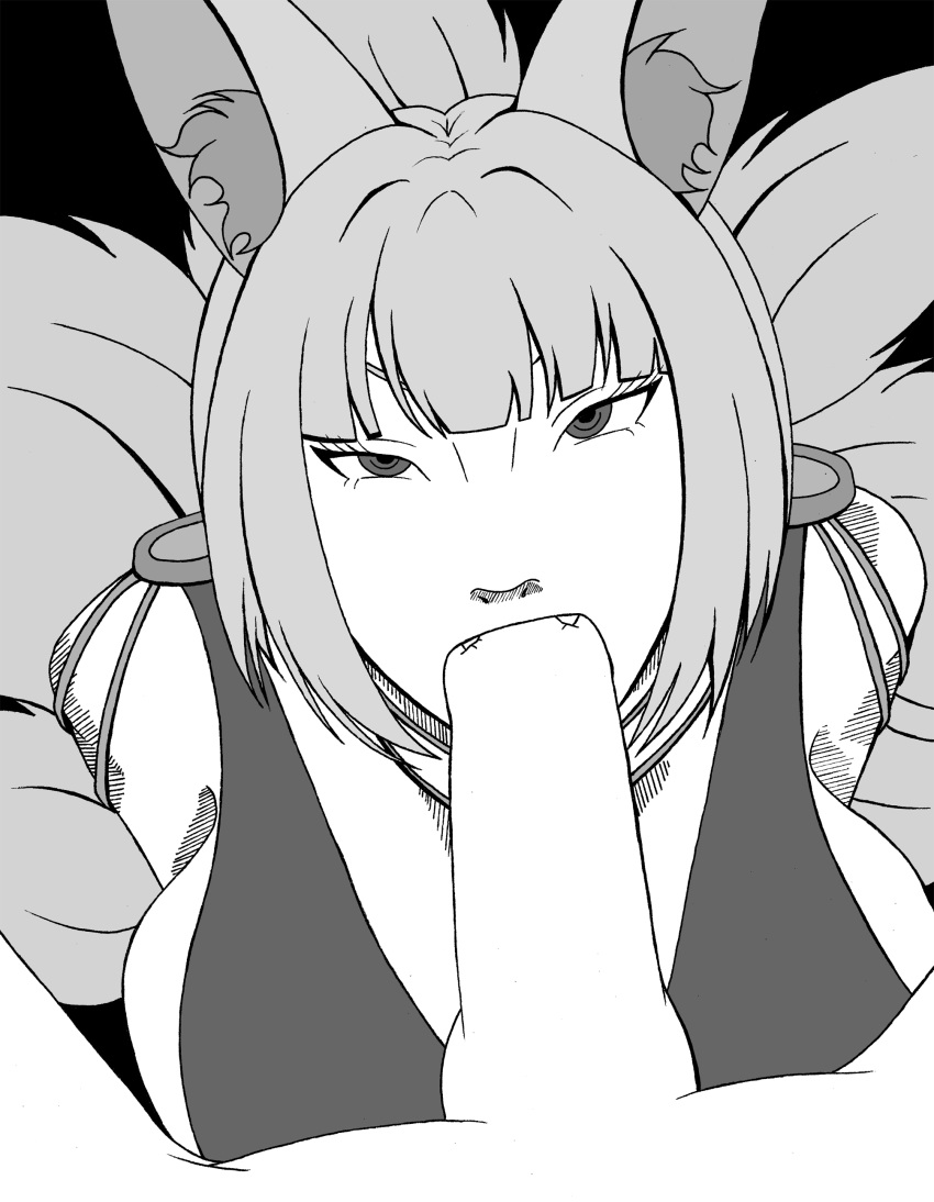 azur_lane big_breasts big_penis black_and_white blowjob fangs fellatio female fox_ears fox_girl fox_tail huge_cock kaga_(azur_lane) kagutaba_316 oral oral_sex solo_female solo_focus tail white_hair white_skin