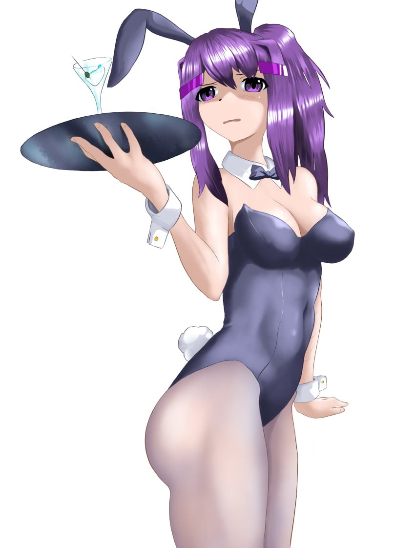 angry angry_expression angry_eyes angry_face black_bunny_ears black_bunnysuit bunny_ears bunny_girl bunny_tail bunnysuit doki_doki_literature_club drink glass holding_platter looking_at_viewer purple_eyes purple_hair rover_rabbit_(artist) yuri_(doki_doki_literature_club)