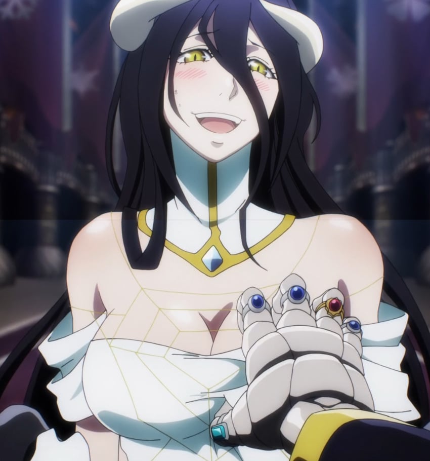 ainz_ooal_gown albedo_(overlord) bare_shoulders black_hair blush breasts cleavage demon demon_girl dress female gloves happy high_resolution horns large_breasts long_hair looking_at_viewer male_hand open_mouth overlord_(maruyama) screen_capture solo stitched succubus undead yellow_eyes