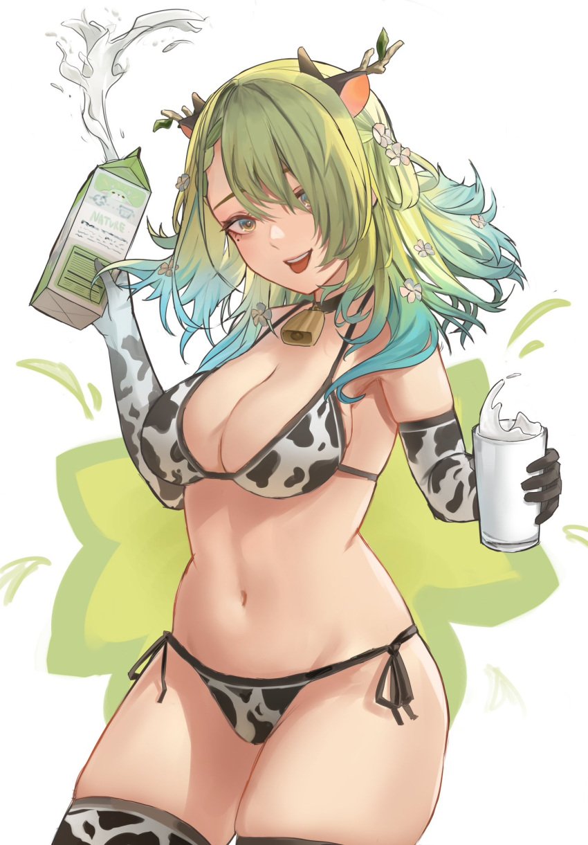 beauty_mark bikini ceres_fauna cow_bikini cow_ears cow_girl cow_print cowbell flowers_in_hair glass_cup glass_of_milk green_hair hololive hololive_english hololive_english_-council- hololive_english_-promise- large_breasts leggings long_gloves medium_breasts milk milk_carton multicolored_hair spilling_drink tanuki thighhighs virtual_youtuber white_background yellow_eyes