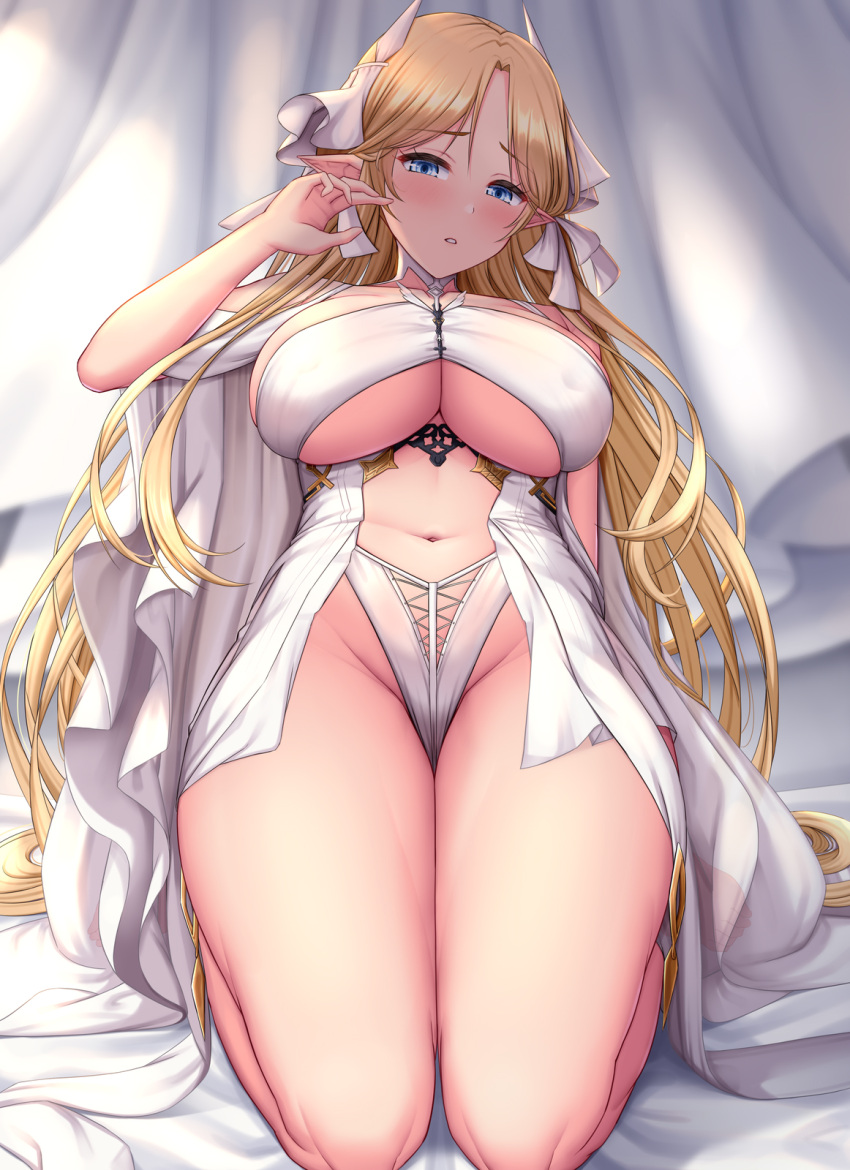 1girls azur_lane bangs bare_shoulders blonde_female blonde_hair blue_eyes blush breasts brest_(azur_lane) clothing_cutout collarbone dress female female_only highres iris_libre_(azur_lane) kneeling large_breasts leotard light-skinned_female light_skin long_hair looking_at_viewer melopun parted_bangs pointy_ears revealing_clothes solo thighs underboob underboob_cutout white_dress white_leotard