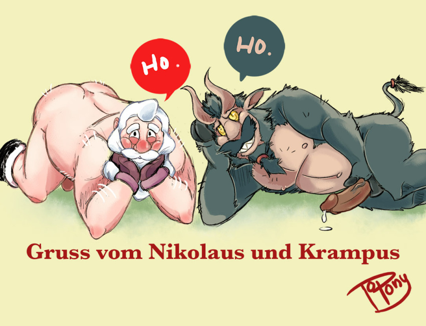 ass beard christmas duo facial_hair grin holidays horn human krampus long_beard looking_at_viewer male male/male male_only mammal mature_male monster moustache nude santa_claus smile topony yellow_eyes