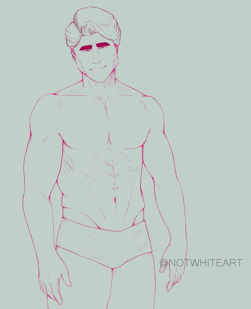 1boy abs clothed clothing jacob_holland looking_at_viewer male_focus male_only monochrome muscular muscular_male navel notwhiteart_(artist) revealing_clothes short_hair simple_background smile standing the_sea_beast thick_eyebrows watermark white_background