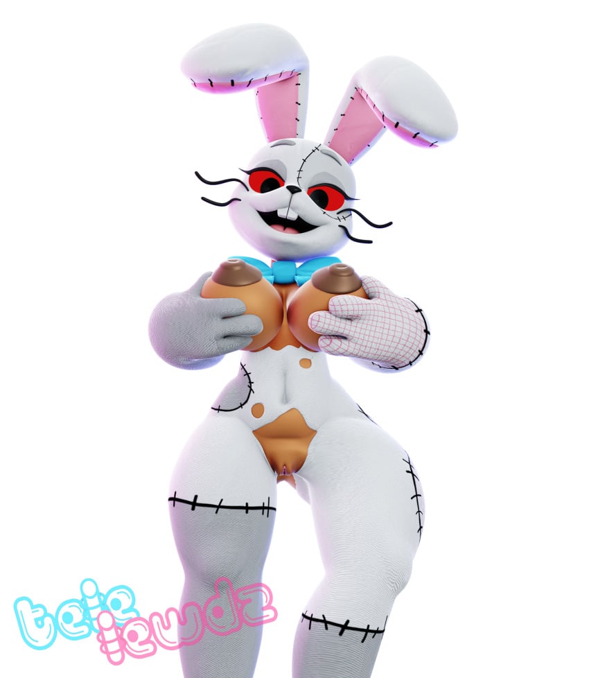 3d anthro big_breasts black_pupils breasts clothing costume dark_body dark_skin fabric female five_nights_at_freddy's five_nights_at_freddy's:_security_breach genitals hand_on_breast hands_on_own_breasts hi_res human lagomorph leporid mammal nipples pupils pussy rabbit scottgames solo telelewdz torn_clothing torn_costume vanny_(fnaf) video_games wardrobe_malfunction