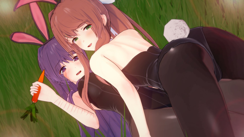 black_bunny_ears black_bunnysuit bow brown_hair bunny_ears bunny_girl bunny_tail bunnysuit carrot cometz doki_doki_literature_club grass green_eyes healed_scars holding_carrot holding_food holding_object looking_at_viewer lying_down lying_on_back lying_on_person monika_(doki_doki_literature_club) on_top_of on_top_of_another open_mouth purple_eyes purple_hair scars smiling smiling_at_viewer white_bow yuri_(doki_doki_literature_club)