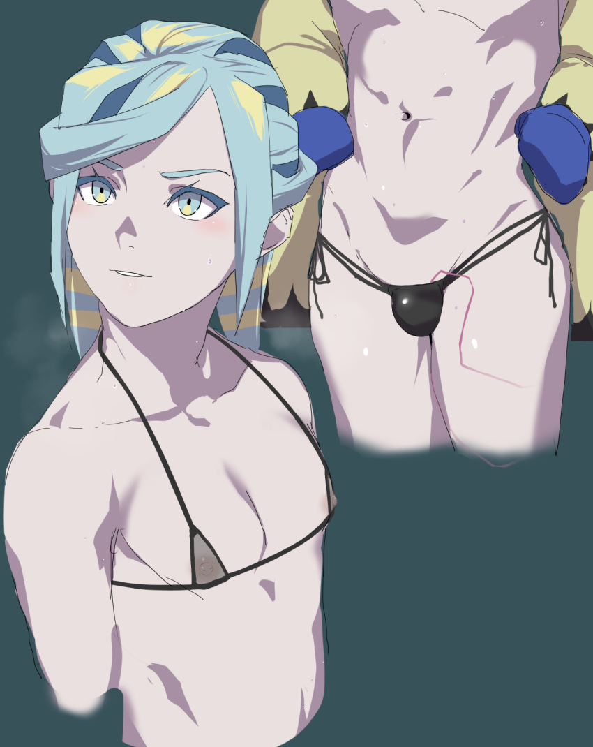 1boy bikini blue_eyes blue_hair blush bulge femboy game_freak gloves grusha_(pokemon) light-skinned_male light_skin long_hair looking_at_another male male_only micro_bikini nasingle nintendo penis_bulge pokemon pokemon_(game) pokemon_sv