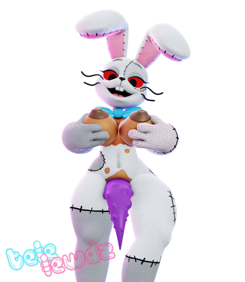 3d anthro big_breasts black_pupils breasts clothing costume dark_body dark_skin fabric five_nights_at_freddy's five_nights_at_freddy's:_security_breach futanari genitals hand_on_breast hands_on_own_breasts herm hi_res human intersex intersex_only lagomorph leporid mammal nipples penis penis_tentacles pupils purple_penis purple_tentacles rabbit scottgames solo telelewdz tentacle torn_clothing torn_costume vanny_(fnaf) video_games wardrobe_malfunction