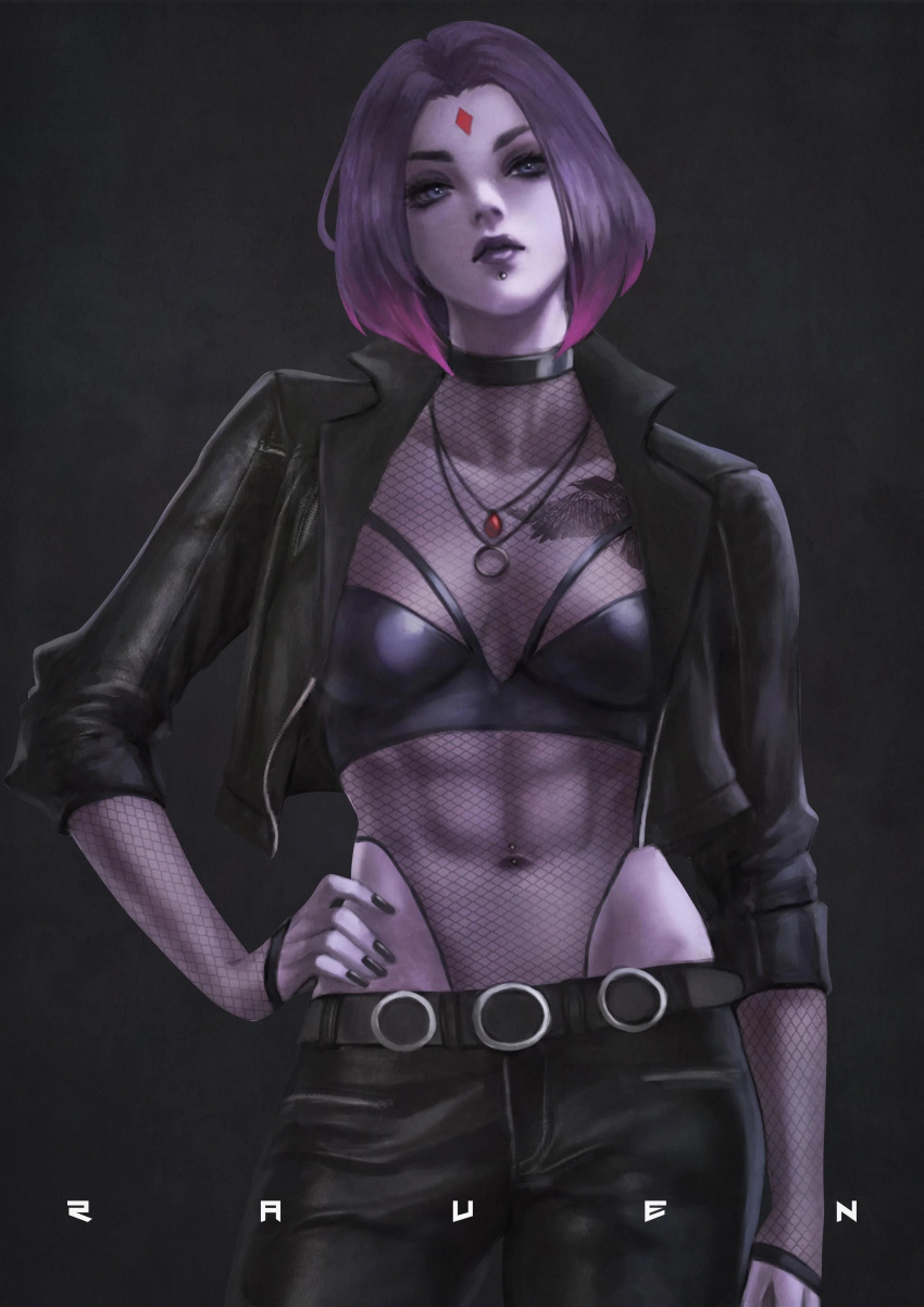 1girls abs alternate_version_available bob_cut character_name dc dc_comics female_only fit fit_female forehead_jewel goth goth_girl jacket jeans monorirogue muscles muscular_female purple_hair rachel_roth raven_(dc) solo_female teen_titans