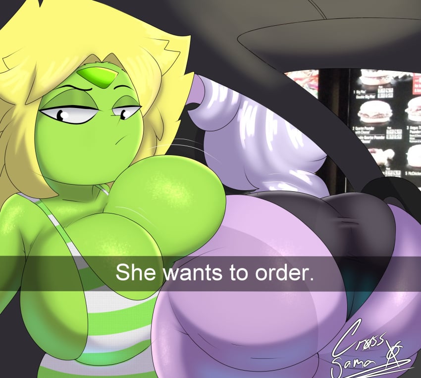 2girls amethyst_(steven_universe) ass bent_over big_ass big_breasts big_butt bottom_heavy breasts bubble_ass bubble_butt busty caption car cleavage clothing cross_samax dat_ass fat_ass fat_butt female female_only gem_(species) green_skin he_wants_to_order huge_ass huge_breasts huge_butt large_ass large_breasts large_butt looking_at_viewer meme ordering_food panties pantylines peridot_(steven_universe) purple_skin selfie shirt shortstack steven_universe tanline thick_ass thick_thighs top_heavy vehicle wide_hips