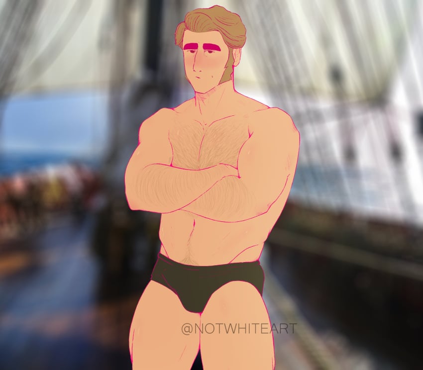 1boy abs blonde_hair brown_eyes clothed clothing jacob_holland looking_at_viewer male_focus male_only muscular muscular_male navel notwhiteart_(artist) revealing_clothes short_hair simple_background standing the_sea_beast thick_eyebrows watermark white_background