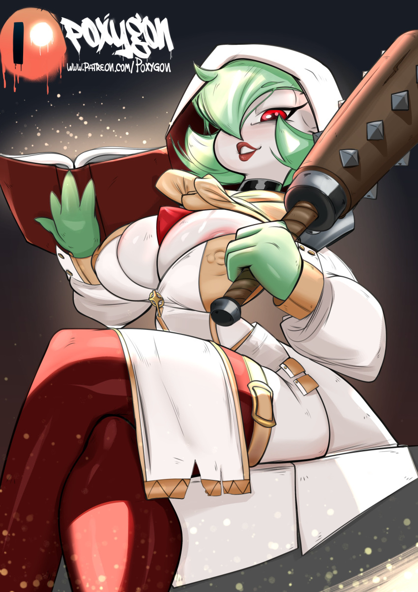 areola_slip big_breasts book breasts clothing club female gardevoir huge_breasts lipstick looking_at_viewer looking_down no_humans pokémon_(species) pokemon pokemon_(species) poxygon red_lipstick sitting solo