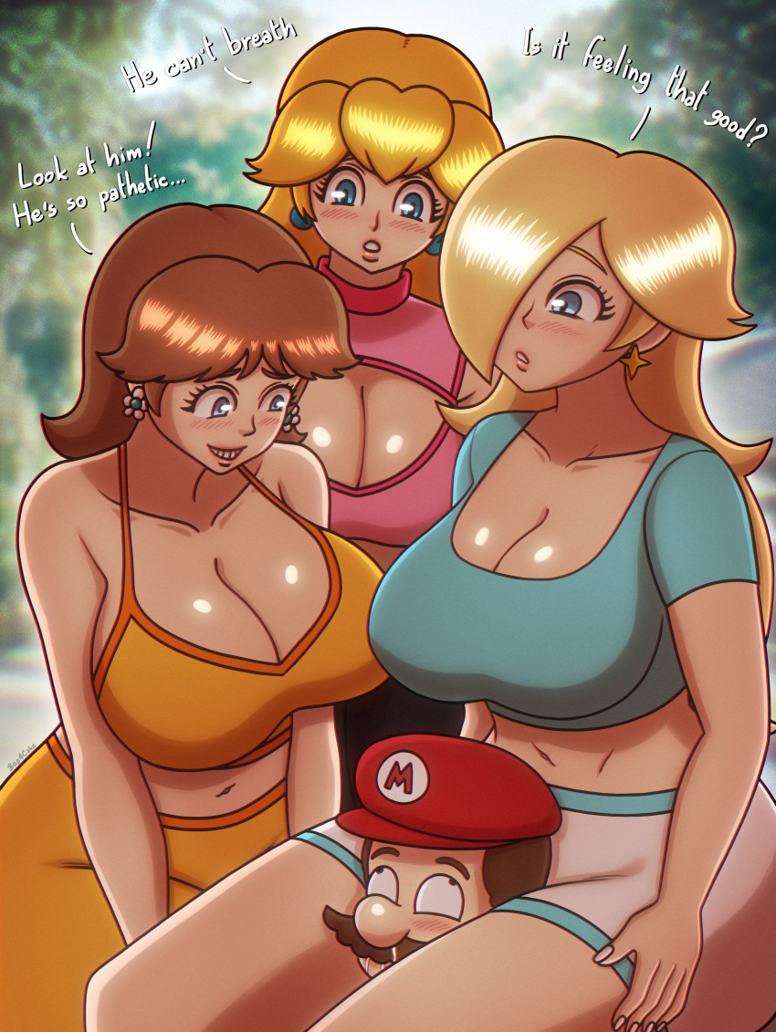 3girls asphyxiation beg4cake between_thighs big_breasts black_pants blonde_female blonde_hair blue_eyes blue_shirt blush breasts brown_hair cleavage cleavage_cutout earrings female femdom huge_breasts looking_down mario mario_(series) multiple_girls nintendo orange_shirt pink_shirt princess_daisy princess_peach princess_rosalina shirt shorts smile sports_bra strangling thick_thighs white_shorts wide_hips yoga_pants