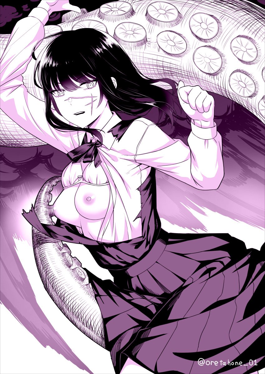 1girls areolae bra breasts chainsaw_man facial_scar female female_focus hirofumi_yoshida long_hair medium_breasts mitaka_asa monochrome nipples oretahone purple_theme ripped_clothing scar school_uniform tentacle yoru_(chainsaw_man)