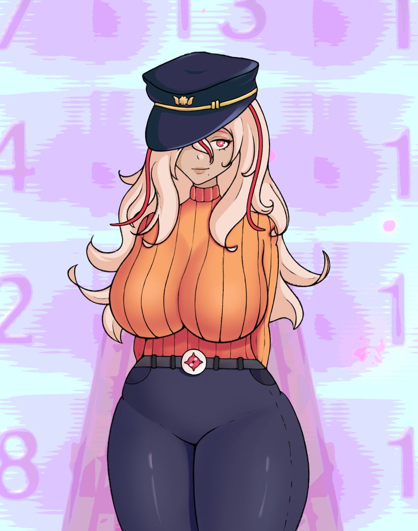 1girls ai:_the_somnium_files ai:_the_somnium_files_-_nirvana_initiative big_breasts bimbo breasts carfound dommy_mommy female human jeans karfound light_hair lipstick milf mole_under_mouth police_hat red_eyes red_hair solo tagme tama_(ai:_the_somnium_files) turtleneck