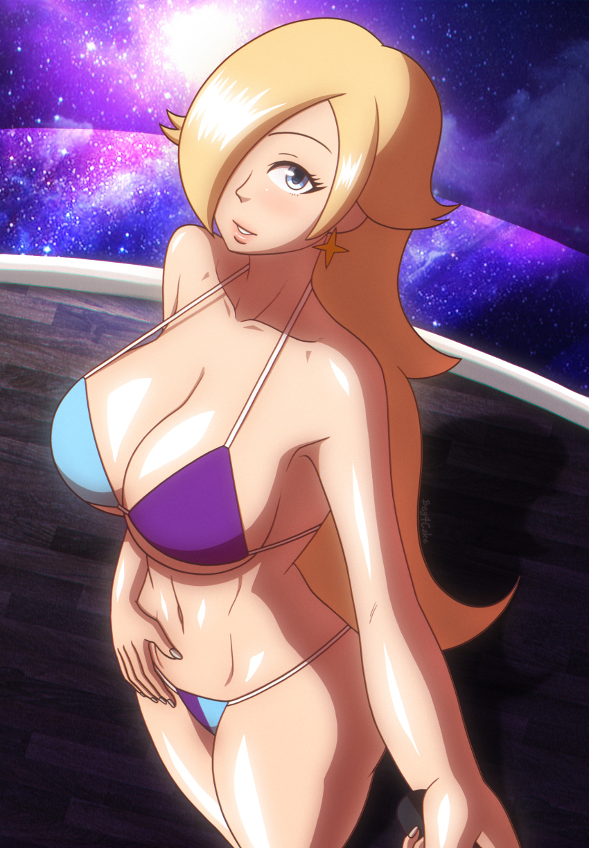 1girls balcony beg4cake belly_button big_breasts bikini bikini_bottom bikini_top blonde_female blonde_hair breasts cleavage earrings female hair_over_one_eye hand_on_hip huge_breasts mario_(series) navel princess_rosalina selfie selfie_stick smile super_mario_galaxy thick_thighs wide_hips