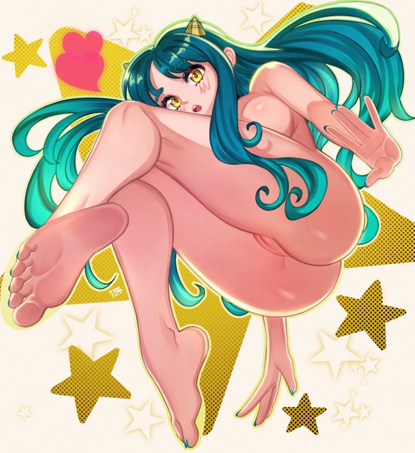 ass feet green_hair horns lokigun long_hair lum nude oni pussy urusei_yatsura viewed_from_below watermark yellow_eyes