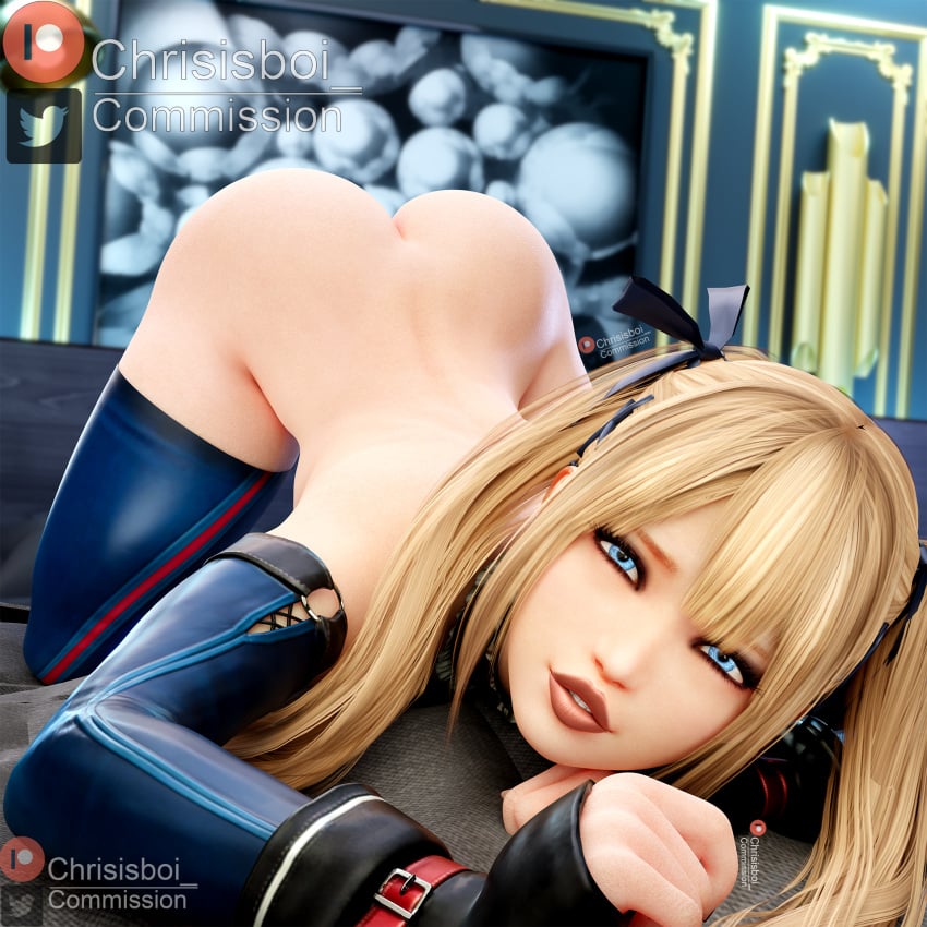 1girls 3d 3d_(artwork) armwear ass blonde_female blonde_hair blue_eyes bronze_lipstick chrisisboi_ dead_or_alive dead_or_alive_5 detached_collar detached_sleeves elbow_gloves eyeshadow female female_only fingerless_gloves frilled_legwear frills gloves hair_ribbon legwear light-skinned_female lipstick long_hair looking_at_viewer makeup marie_rose marie_rose_(devilish_servant_against_the_splashing_waves) nude solo solo_female stockings teenage_girl teenager thighhighs twintails