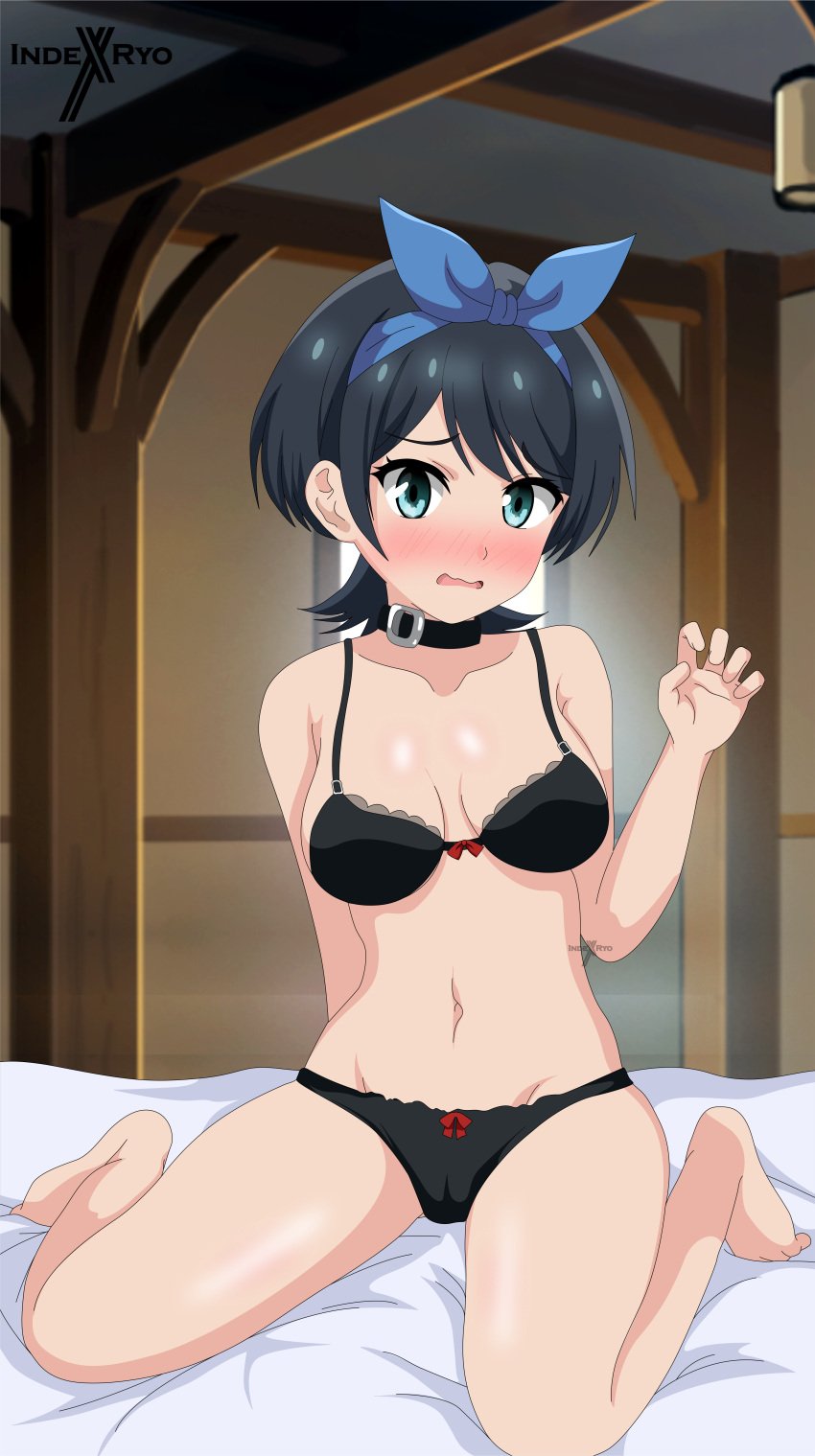 1girls absurdres bare_shoulders bed black_hair blue_eyes bow bow_bra bow_panties bra breasts collar embarrassed female finger_gun highres indexryo kanojo_okarishimasu large_breasts open_mouth panties ribbon sarashina_ruka short_hair solo tagme underwear