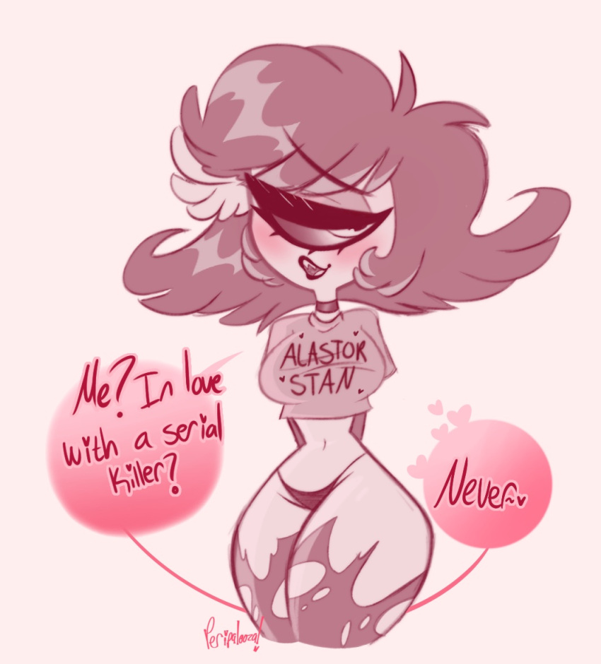 ass bashful choker crop_top cyclops fangirl female hazbin_hotel leggings niffty peripalooza ripped_clothing ripped_stockings short_hair speech_bubble thick_thighs thighs thong