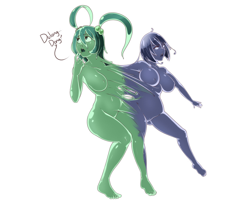 2girls blue_hair blue_skin breasts conjoined dulee_(doodledowd) green_hair green_skin idolmonkeh merging nipples nude slime_girl twintails