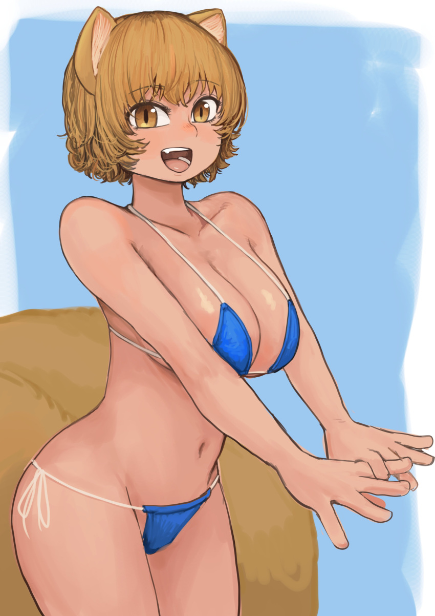 absurdres animal_ears bikini blue_background blue_bikini breasts chanta_(ayatakaoisii) female fox_ears fox_tail highres looking_at_viewer navel open_mouth own_hands_together ran_yakumo short_hair side-tie_bikini simple_background solo string_bikini swimsuit tail teeth tongue touhou