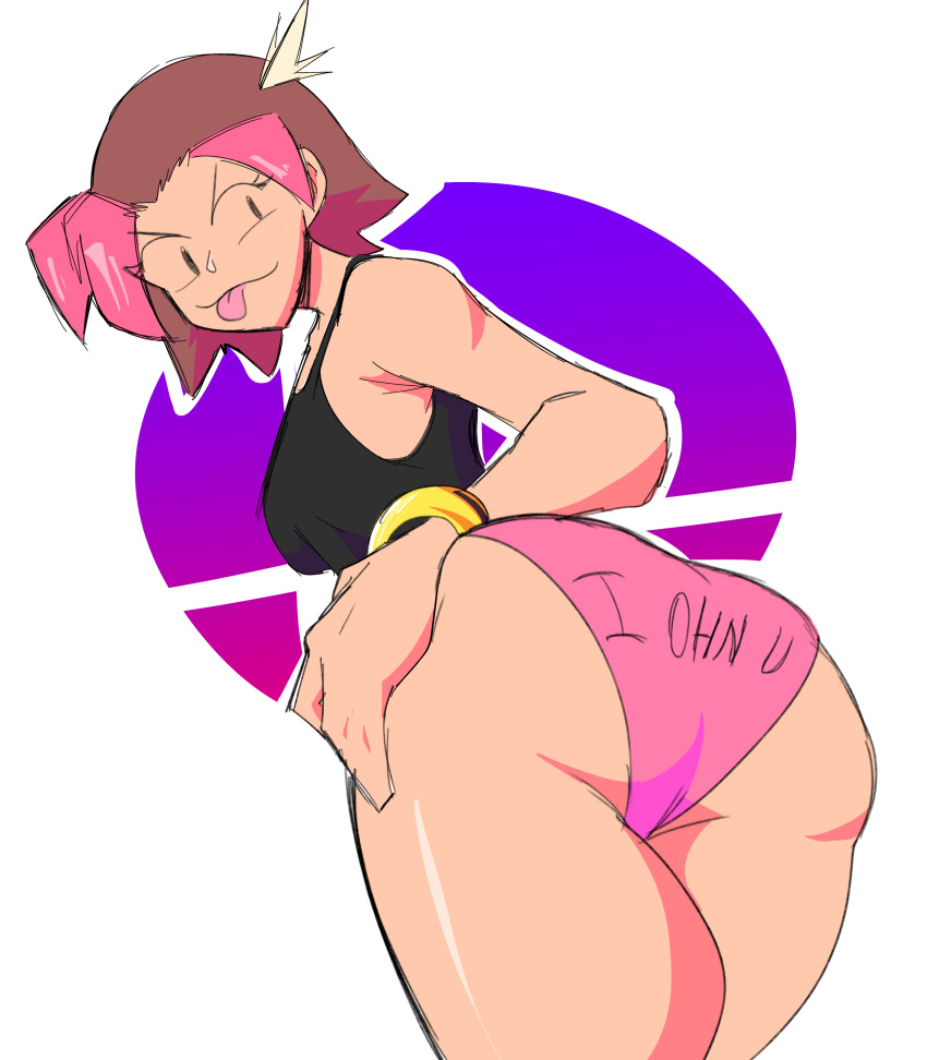 1girl ass blep brawl_taunts brown_hair butt english_text female female_only newgrounds panties pink_hair rina-chan streaked_hair text text_on_clothing wriizzyarts