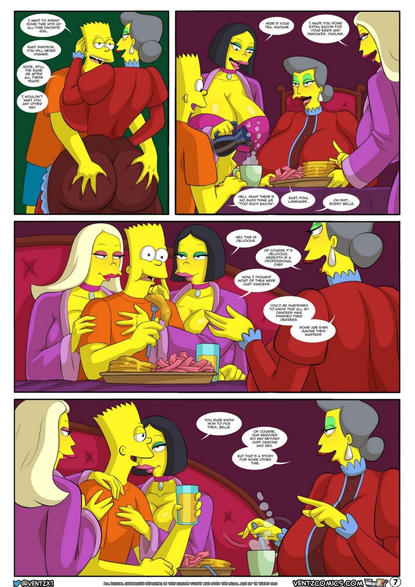 1boy 3girls age_difference arabatos bart_simpson big_ass big_breasts breasts bust busty comic curvy earrings english english_text eyelashes fat_ass female gold_jewelry hyper_breasts large_ass large_breasts madame_belle male male/female mature_female milf older_female speech_bubble straight text the_simpsons thick thick_legs thick_thighs upper_body ventzcomics ventzx voluptuous wide_hips yellow_body yellow_skin younger_male