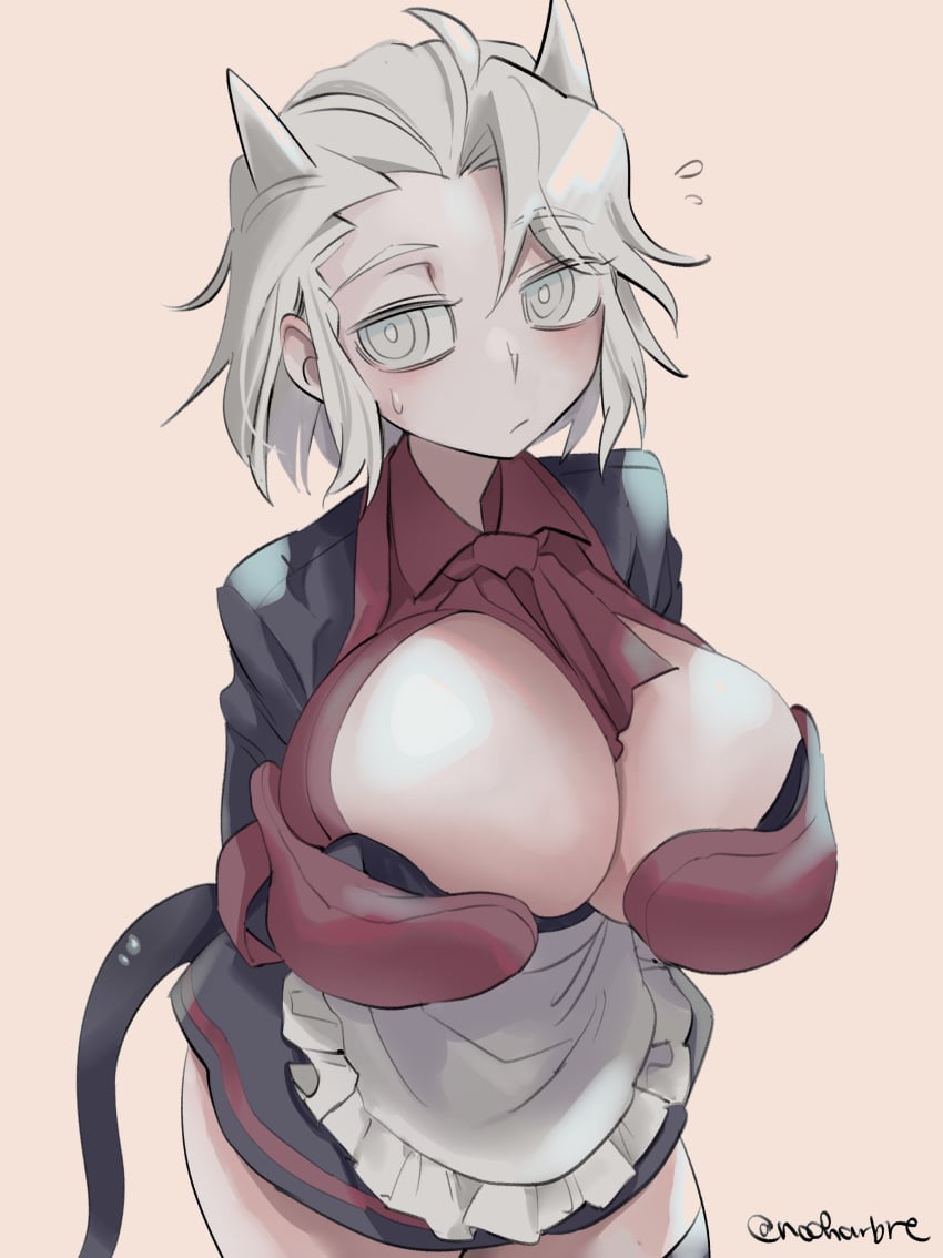 1girls alternate_breast_size apron big_breasts blind breasts demon examtaker female helltaker holding_breast horns justice_(helltaker) large_breasts maid maid_uniform noaharbre oven_mitts solo sweatdrop uncomfortable white_hair