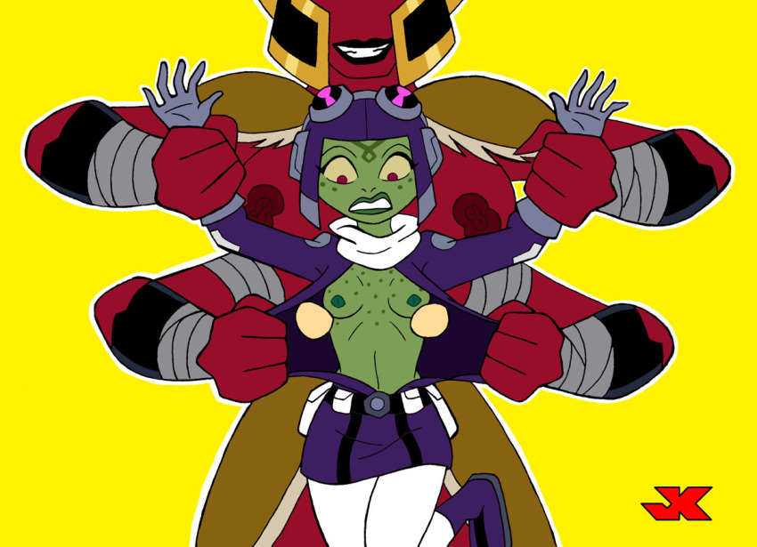 2022 4_arms alien anthro attea ben_10 breasts cartoon_network clothing duo female forced forced_exposure green_body incursean jk l looma_red_wind multi_arm multi_limb nipples not_furry omniverse red_body simple_background smile teeth tetramand undressing unusual_anatomy unusual_nipples wrist_grab yellow_background yellow_sclera