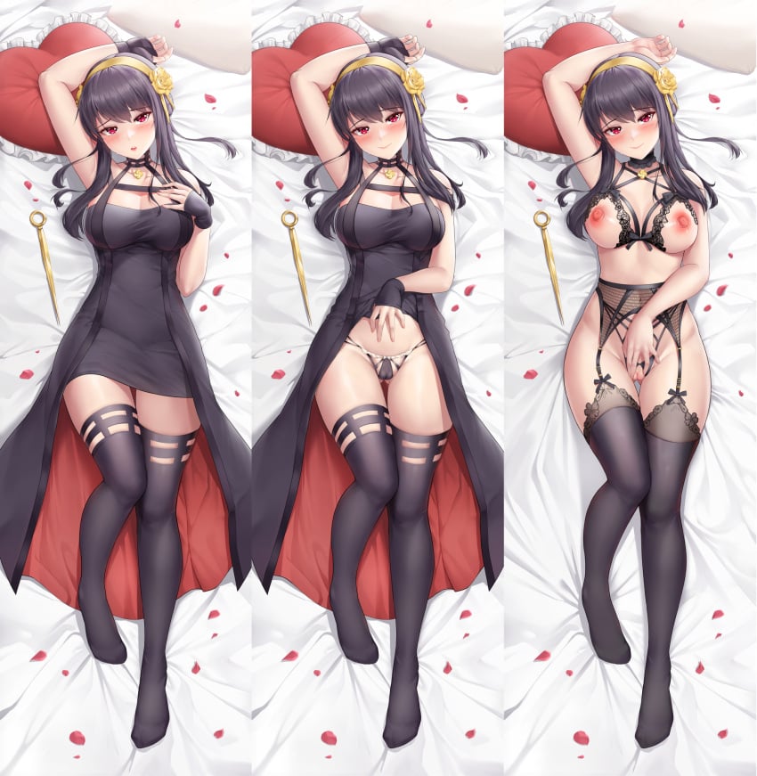 arm_behind_head arm_up armpits assassin bangs bare_shoulders black_choker black_dress black_hair black_socks black_thighhighs blush bra breasts cameltoe choker cleavage closed_mouth collarbone crotchless crotchless_panties cupless_bra dagger dakimakura_(medium) detached_collar dress female frilled_pillow frills garter_belt hair_between_eyes hairband heart heart_pillow highres knife lace lace-trimmed_legwear lace_bra lace_panties lace_trim large_breasts lingerie lipstick long_hair looking_at_viewer lying makeup multiple_views nail_polish navel nipples no_shoes on_back on_bed panties parted_lips petals pillow pink_nails pussy red_eyes sidelocks smile socks spread_pussy spy_x_family stiletto_(weapon) sweatdrop thigh_socks thighhighs thorn_princess uncensored underwear undressing washout008 weapon yellow_hairband yor_briar