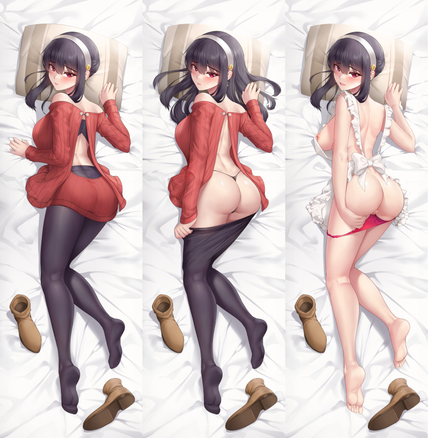 apron ass assassin back bangs bare_back bare_legs bare_shoulders barefoot black_bra black_hair black_panties black_pantyhose blush boots boots_removed bra breasts brown_footwear clothes_pull dakimakura_(medium) earrings feet female frilled_apron frills from_behind full_body hair_between_eyes hairband hand_on_own_ass highres jewelry lipstick long_hair long_sleeves looking_at_viewer looking_back lying makeup medium_breasts multiple_views naked_apron nipples no_bra off-shoulder_sweater off_shoulder on_bed on_stomach panties panty_pull pantyhose pantyhose_pull parted_lips pillow pillow_grab pulled_by_self pussy pussy_juice red_eyes red_panties red_sweater ribbed_sweater sheet_grab shoe_soles sidelocks smile soles spy_x_family sweatdrop sweater thighs thong thorn_princess toes uncensored underwear undressing very_long_hair washout008 white_apron white_hairband yor_briar