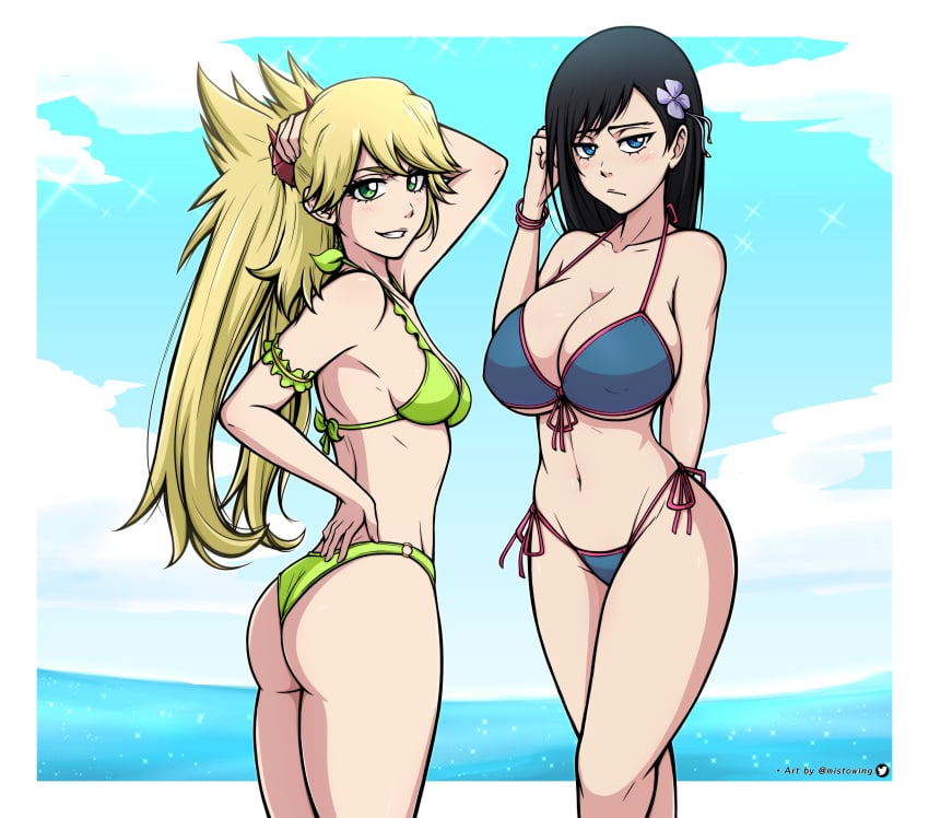 2girls arm_behind_head artist_name beach big_ass bikini black_hair bleach blonde_hair blue_eyes breasts bubble_butt burn_the_witch busty cleavage confident dat_ass female female_only green_eyes grin hand_on_hip hi_res large_breasts legs long_hair looking_at_viewer looking_back medium_breasts mistowing model_pose multiple_girls navel ninny_spangcole noel_niihashi ocean pose posing sensual short_hair sideboob smile swimsuit thick_thighs thighs thong_bikini voluptuous water