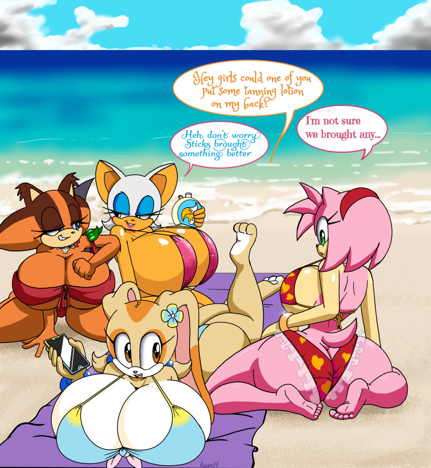 aged_up amy_rose anthro anthro_on_anthro ass ass_cleavage badger bat_humanoid bat_wings beach big_ass big_breasts big_butt bikini blue_eyes blush bracelets breasts brown_body brown_fur bubble_ass bubble_butt butt_crack chiropteran chiropteran_humanoid cleavage closed_eyes cream_the_rabbit dialogue erinaceinae erinaceinae_humanoid eulipotyphlan eyelashes eyeshadow fat_ass fat_butt feet female/female females females_only gigantic_breasts green_eyes hedgehog hedgehog_humanoid hi_res huge_ass huge_breasts huge_butt lagomorph lagomorph_humanoid large_ass large_breasts large_butt leather_wings long_hair lotion mammal multiple_females multiple_girls mustelid mustelid_humanoid musteline musteline_humanoid pink_body pink_hair pink_spines roga14 rouge_the_bat seaside seductive sega short_hair skull_necklace sling_bikini slingshot_swimsuit soles sonic_(series) sonic_boom sonic_the_hedgehog_(series) speech_bubble sticks_the_badger sticks_the_jungle_badger sticks_the_tejon swimsuit swimwear tan_body tan_fur thick_ass thick_thighs toes two_tone_fur white_body white_fur wide_hips