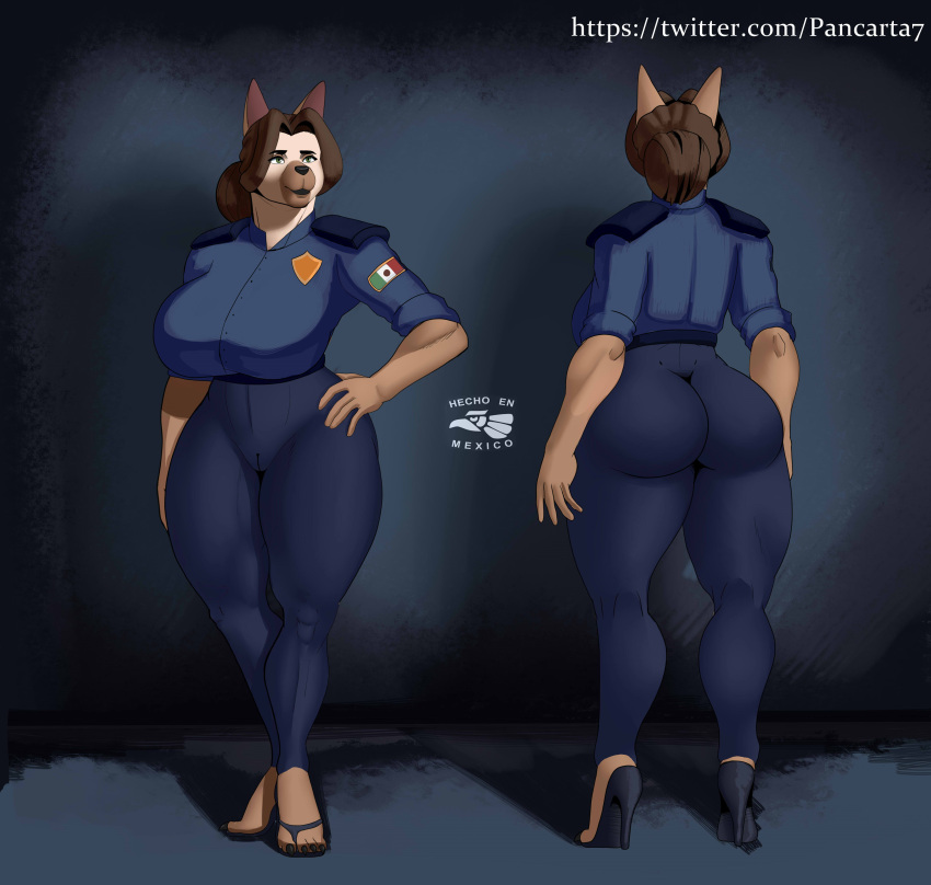 absurd_res anthro big_breasts breasts canid canine canis clothing colored domestic_dog female footwear hi_res high_heels mammal maria_(pancarta) mexican_flag model_sheet pancarta police_uniform solo standing tight_clothing uniform wide_hips