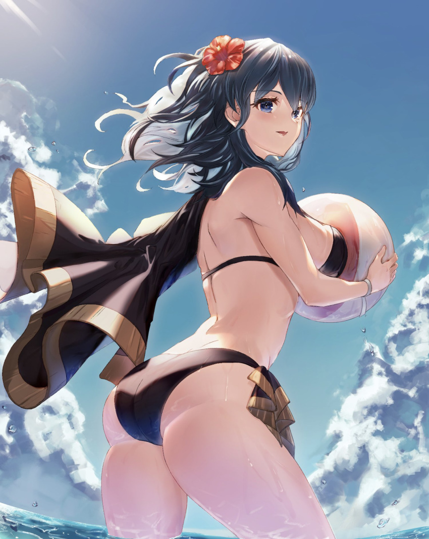 1girls 358_emblem alternate_costume ass back ball bare_back bare_thighs beachball belt big_ass bikini black_bikini black_swimsuit blue_eyes blue_hair blue_sky breasts byleth_(fire_emblem) byleth_(fire_emblem)_(female) byleth_(summer)_(fire_emblem)_(female) capelet cloud cloudy_sky cowboy_shot dagger day female female_only fire_emblem fire_emblem:_three_houses fire_emblem_heroes flower hair_flower hair_ornament halterneck hibiscus highres holding holding_ball holding_beachball knife large_breasts looking_back medium_hair official_alternate_costume sideboob sky solo swimsuit tassel teal_hair thick_thighs thighs water weapon wet