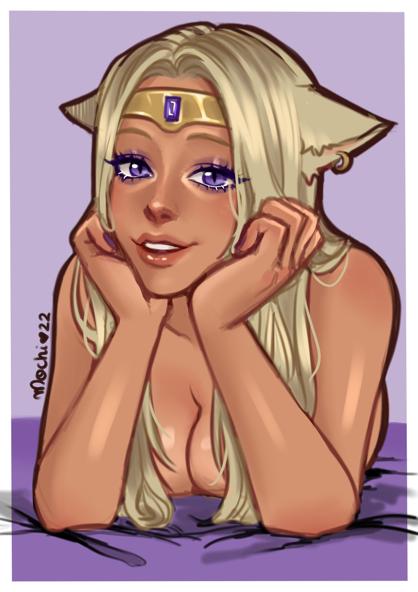 1girls 2d 2d_(artwork) animal_ears blonde_female blonde_hair cat_ears cat_tail catgirl dark-skinned_female dark_skin female female_only final_fantasy final_fantasy_xiv humanoid kemonomimi l'fah_morcant miqo'te mochironmochi original original_character purple_eyes solo