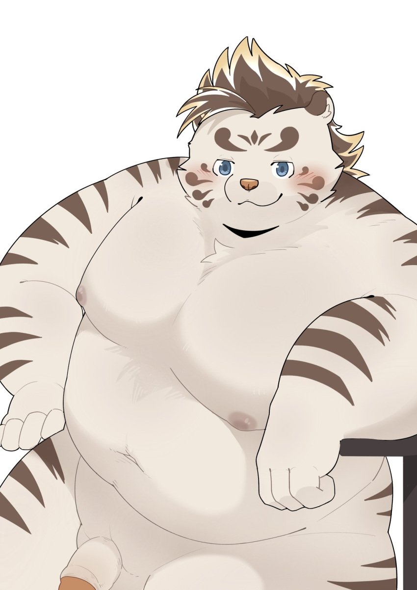 1boy 2022 anthro belly big_belly blue_eyes blush felid genitals haoming hi_res humanoid_genitalia humanoid_hands humanoid_penis kemono licho_(tokyo_afterschool_summoners) lifewonders male male_only mammal moobs navel nipples overweight overweight_male pantherine penis solo tiger tokyo_afterschool_summoners video_games white_body