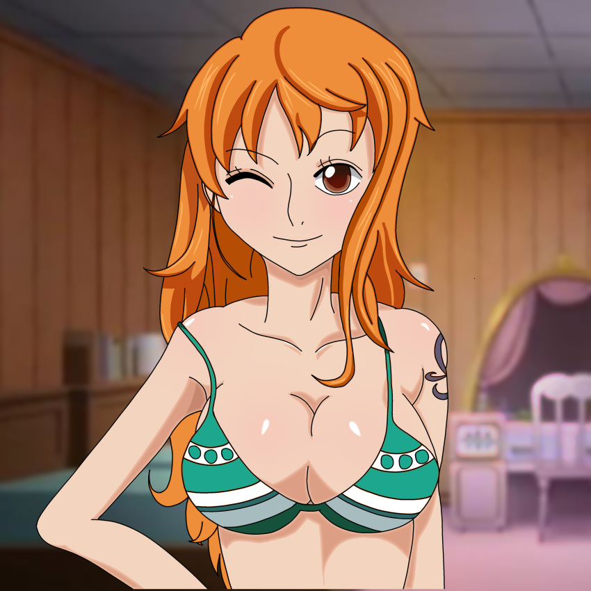 anime_style artist_request bedroom big_breasts bikini bikini_top bra breasts colarbone curvy_body curvy_female dressed female female_focus female_only green_bra half_updo long_hair nami nami_(one_piece) naughty_smile one_piece orange_eyes orange_hair pov pov_eye_contact smiling smiling_at_viewer striped_bikini wink winking