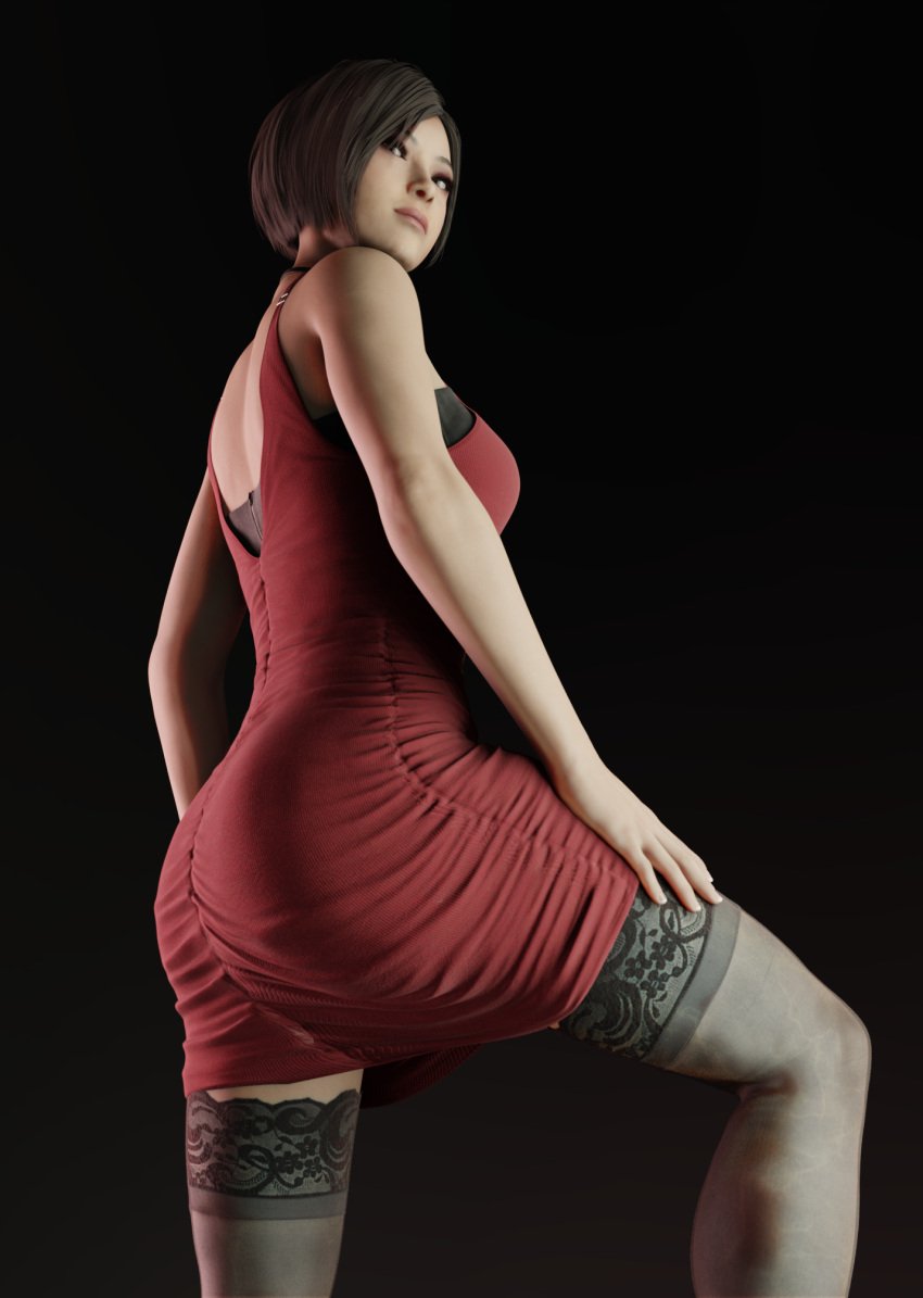 1girls 3d 3d_(artwork) ada_wong ada_wong_(adriana) black_lace_stockings capcom female_only geone1 hand_on_thigh medium_breasts medium_butt posing red_dress resident_evil resident_evil_2 resident_evil_2_remake solo solo_female