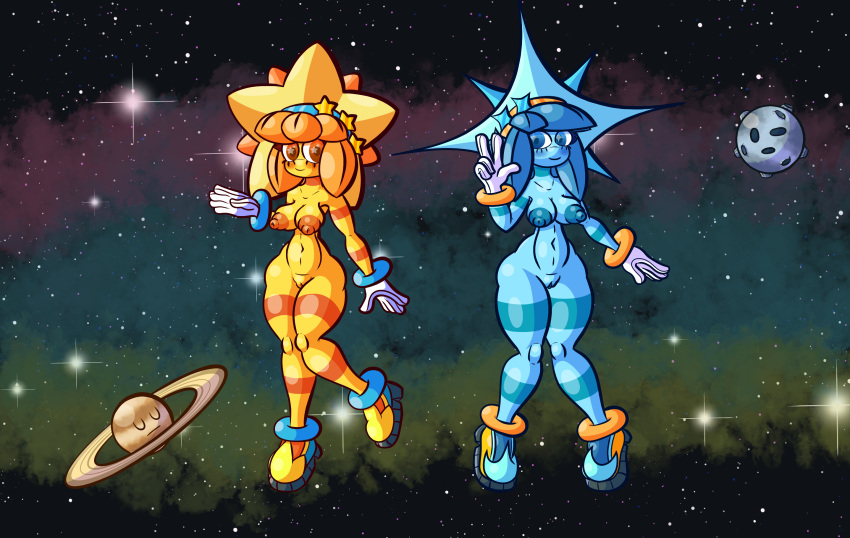 2girls blue_body blue_eyes blue_hair blush body_markings boots breasts elemental_humanoid female gloves headband multiple_girls planet puffy_areola puffy_nipples sisters space space_background sprucy yellow_body yellow_eyes yellow_hair