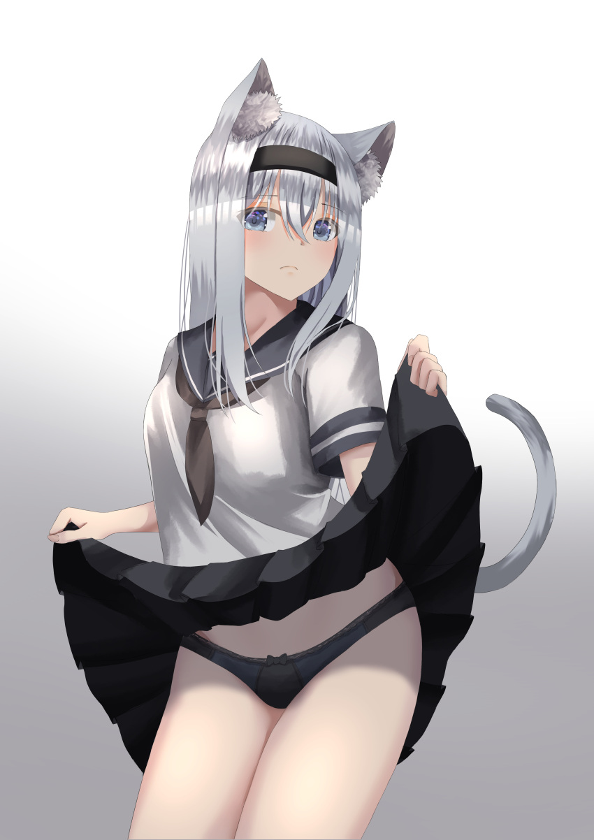 1girls black_panties blue_eyes blush blush cat_ears cat_tail catgirl female female_focus female_only lifting_skirt long_hair looking_at_viewer maromi original school_uniform schoolgirl showing_panties simple_background skirt_lift solo solo_female solo_focus thick_thighs white_background white_hair