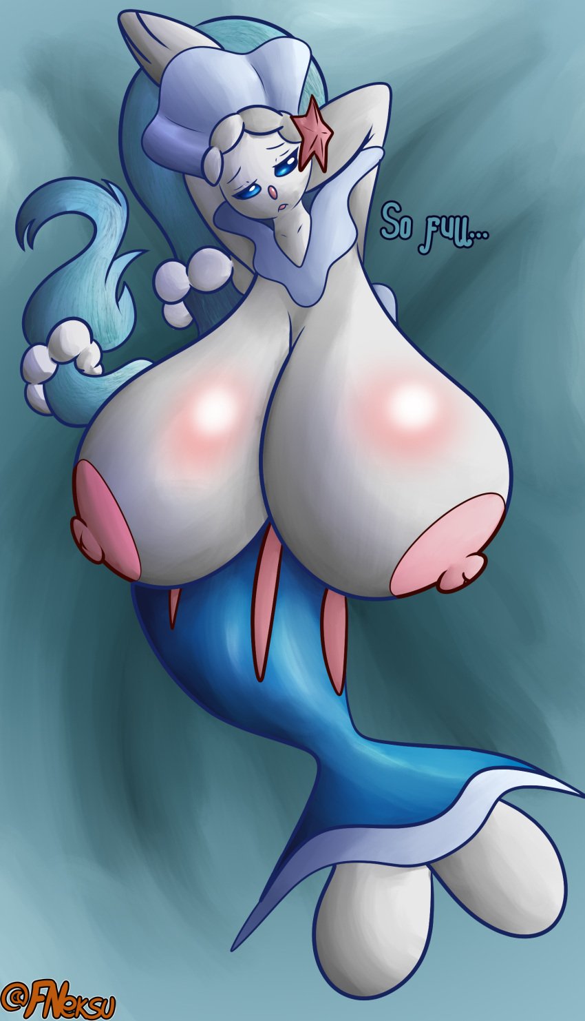 absurd_res anthro big_breasts blue_eyes blue_hair breasts digital_media_(artwork) english_text female hair hi_res huge_breasts hyper hyper_breasts looking_at_viewer mammal marine neksu nintendo nipples pinniped pokémon_(species) pokemon primarina simple_background solo text video_games