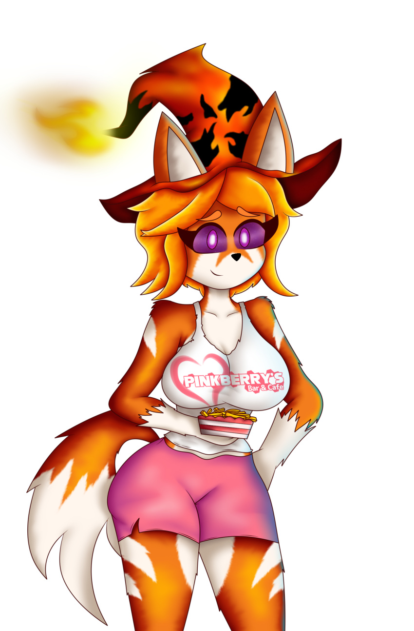 1girls allysushie4 ass big_ass big_breasts breasts collaboration female female_only fennec fox fox_ear fox_ears fox_girl fox_humanoid fox_tail foxgirl furry furry_female furry_only furry_tail hat hooters orange_body orange_hair original_character potatoes purple_eyes shorts smile vanylla white_shirt witch_hat