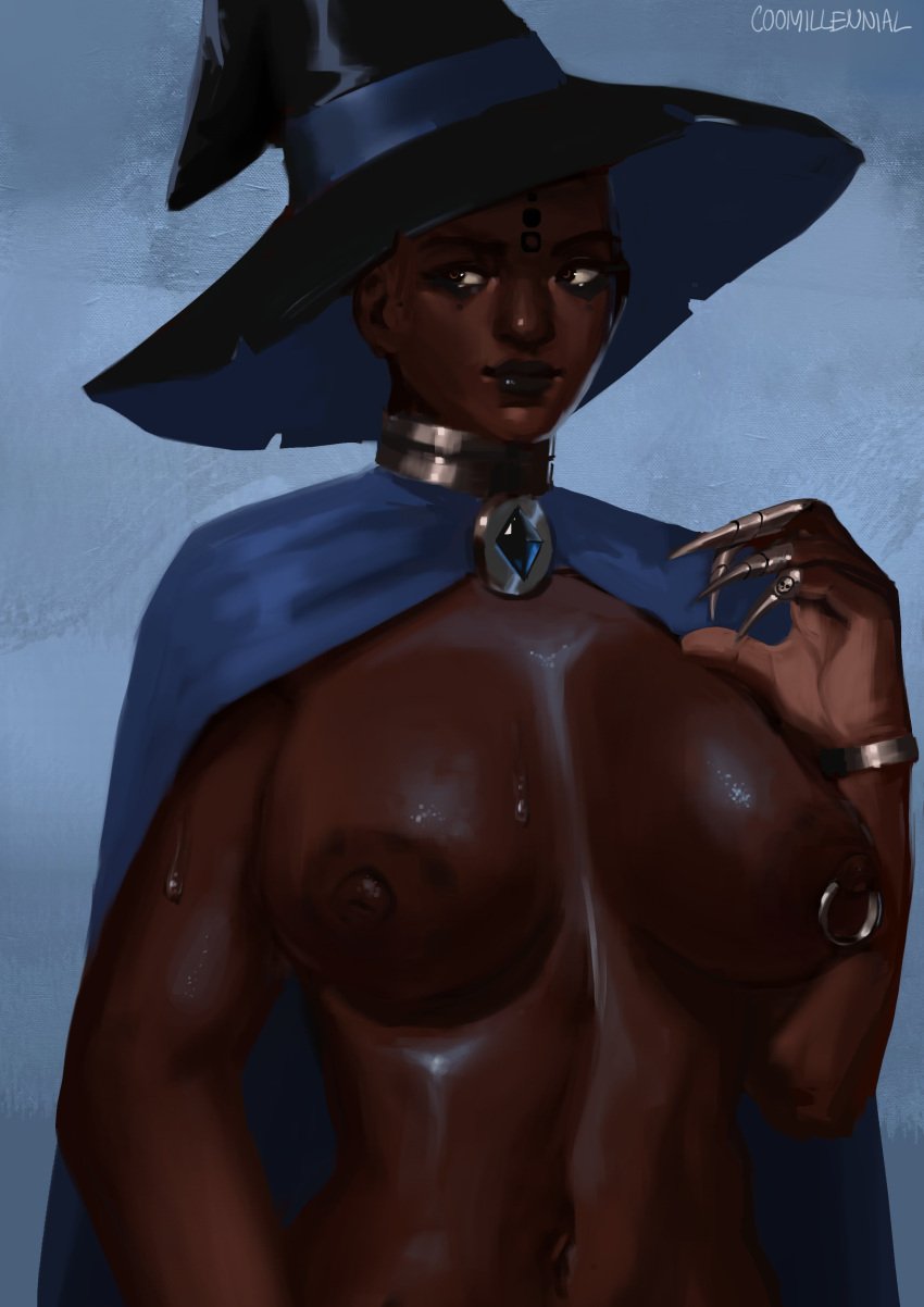 1girls big_breasts cape coomillennial dark-skinned_female dark_skin long_nails nude solo wet witch_hat