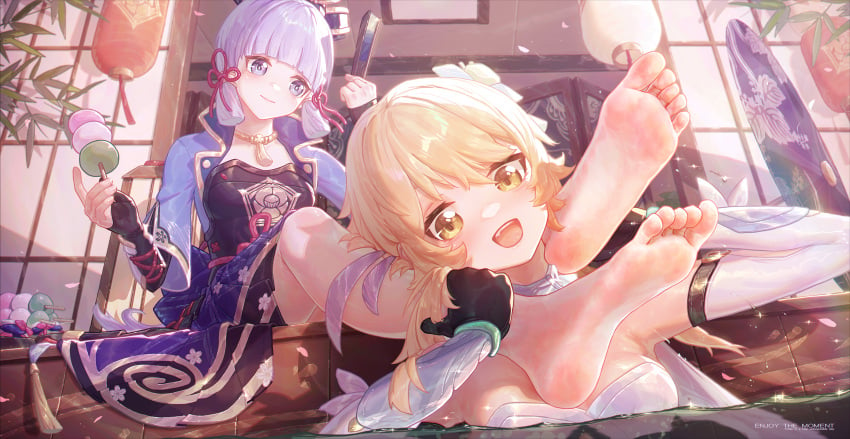 blonde_hair blue_eyes clothed feet foot_fetish foot_focus foot_grab genshin_impact head_between_legs head_grab icecake in_water kamisato_ayaka lumine_(genshin_impact) smile smiling white_hair yellow_eyes yuri