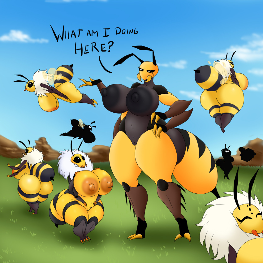 absurd_res angry anthro areola arthropod bee big_areola big_breasts big_nipples breasts female flying group hi_res huge_areola huge_breasts huge_nipples hymenopteran insects looking_at_another nightmare-arts nude short_stack shortstack silhouette standing sting text thick_thighs wasp