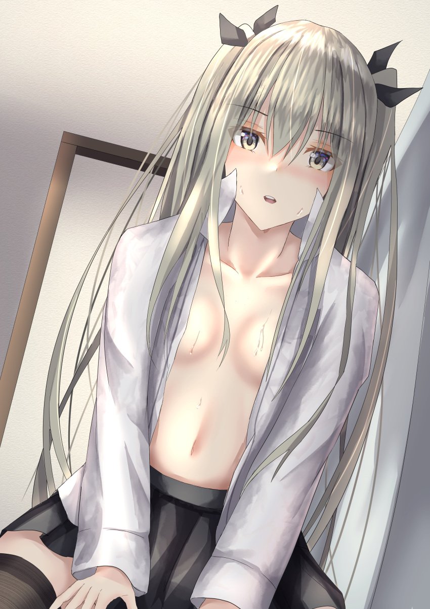 1girls black_legwear blue_eyes blush covered_nipples female female_focus female_only long_hair looking_at_viewer maromi medium_breasts open_mouth original school_uniform schoolgirl silver_hair sitting solo solo_female solo_focus sweat sweatdrop unbuttoned_shirt wet_clothes yellow_eyes