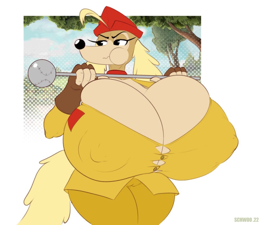 anthro big_breasts black_eyes breasts camel_toe canid canine canis clothed clothing cuphead_(game) domestic_dog female fingerless_gloves gloves handwear hat headgear headwear holding_object huge_breasts hunting_dog hyper hyper_breasts mammal multicolored_body nipple_outline pilot_saluki_(cuphead) saluki schwoo sighthound solo straining_buttons thick_thighs two_tone_body video_games wide_hips