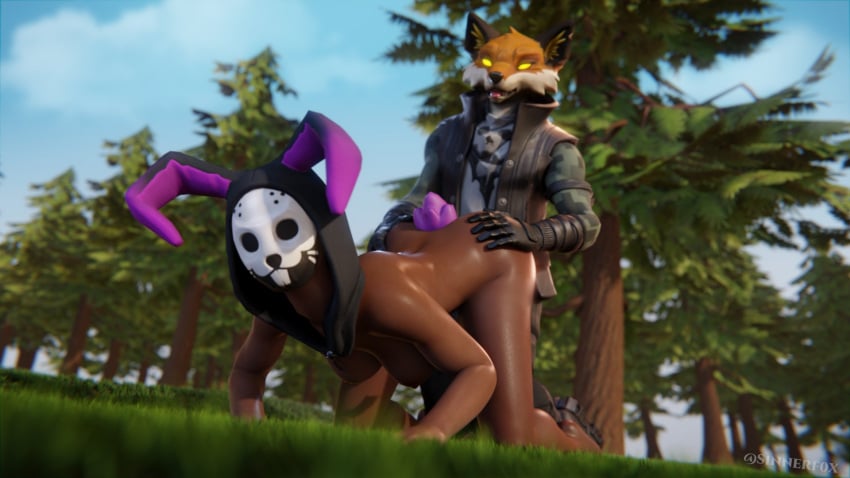 1boy 1girls 3d anthro anthro_on_human ass ass_up blender breasts bunny_brawler bunny_ears dark-skinned_female dark_skin doggy_style duo female_penetrated fennix_(fortnite) forest fortnite fox hands_on_ass looking_at_viewer male/female male_penetrating male_penetrating_female mask masked medium_breasts nipples nude nude_female on_floor penetration s1nnerfox sex sinnerfox tail watermark yellow_eyes