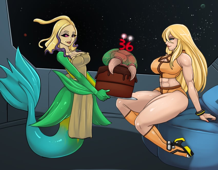 2022 2girls apron apron_only birthday birthday_cake blonde_hair cake casual_outfit_(metroid) commission crossover eirhjien female high_heels human league_of_legends marai mermaid metroid monster_girl nami_(league_of_legends) samus_aran shorts tank_top yuri